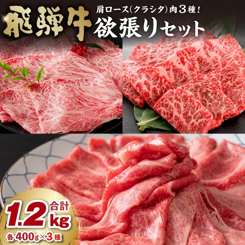飛騨牛欲張りセット 肩ロース(クラシタ)肉(すき焼き用・しゃぶしゃぶ用・焼き肉用)各400g 0016-044 お肉 肉 牛肉 ブランド牛 ブランド和牛 霜降り