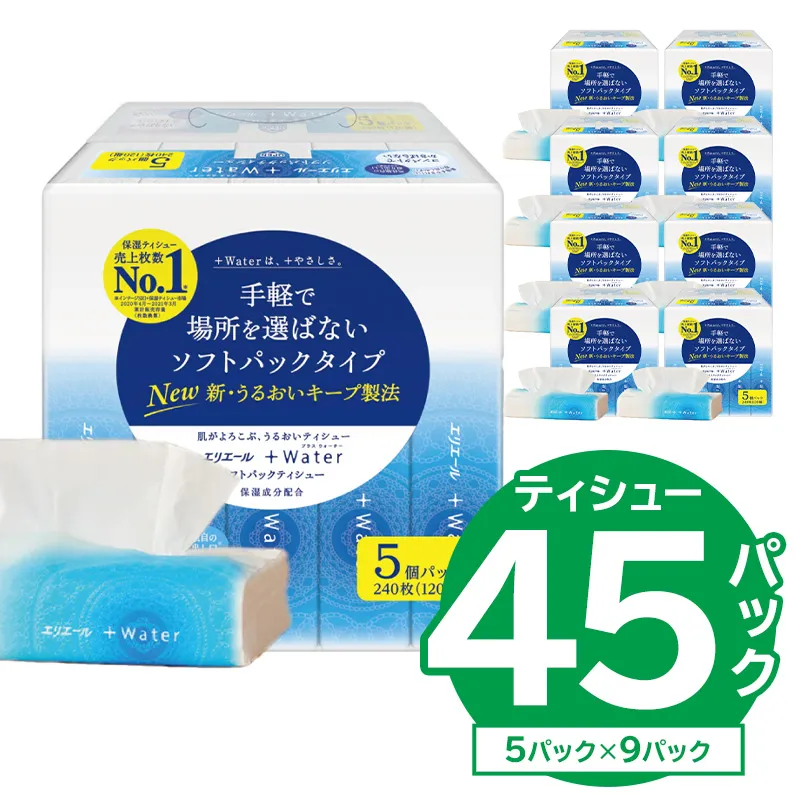 【ハーフサイズ】エリエール +Water(プラスウォーター)ソフトパックティシュー 120W5P×9パック ソフトパックティッシュ ティッシュ ソフトパック ティッシュペーパー 箱なし 日用品 新生活 備蓄 防災 消耗品 生活雑貨 生活用品 パルプ100% 0095-032