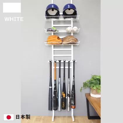 野球道具突っ張りラック 白 バットスタンド ソフトボール 国産 インテリア 組み立て必要 野球用品収納 