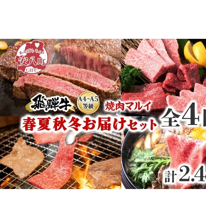 焼肉マルイ 飛騨牛 春夏秋冬お届けセット 4回 合計2.4kg 焼肉 A4 A5 等級 和牛 国産 国産牛 牛 牛肉 鉄板焼き バーベキュー ステーキ すき焼き 冷蔵 冷蔵保存 日本産 ブランド和牛 お取り寄せグルメ 送料無料 岐阜県 安八町