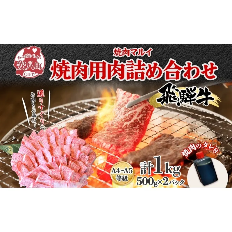 飛騨牛 焼肉用 A4～A5等級使用 約1kg 500g×2パック 肉 牛肉 和牛 ブランド牛 お肉 ビーフ A4ランク A5ランク 国産 お取り寄せ ご褒美 豪華 グルメ 焼肉 BBQ パーティー ギフト 贈り物 自家用 贈答用 送料無料 焼肉マルイ 岐阜県 【 安八町 】