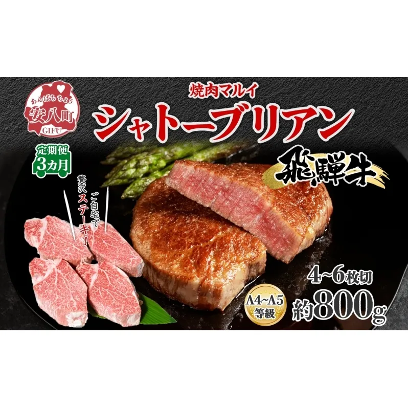 飛騨牛 シャトーブリアン ステーキ 3ヵ月定期便約800g 4～6枚切り×3 肉 牛肉 和牛 ブランド牛 お肉 ビーフ ヒレ 希少部位 赤身 贅沢 国産  ご褒美 豪華 グルメ 焼肉 BBQ パーティー ギフト 贈り物 自家用 贈答用 送料無料 焼肉マルイ 岐阜県 【 安八町 】
