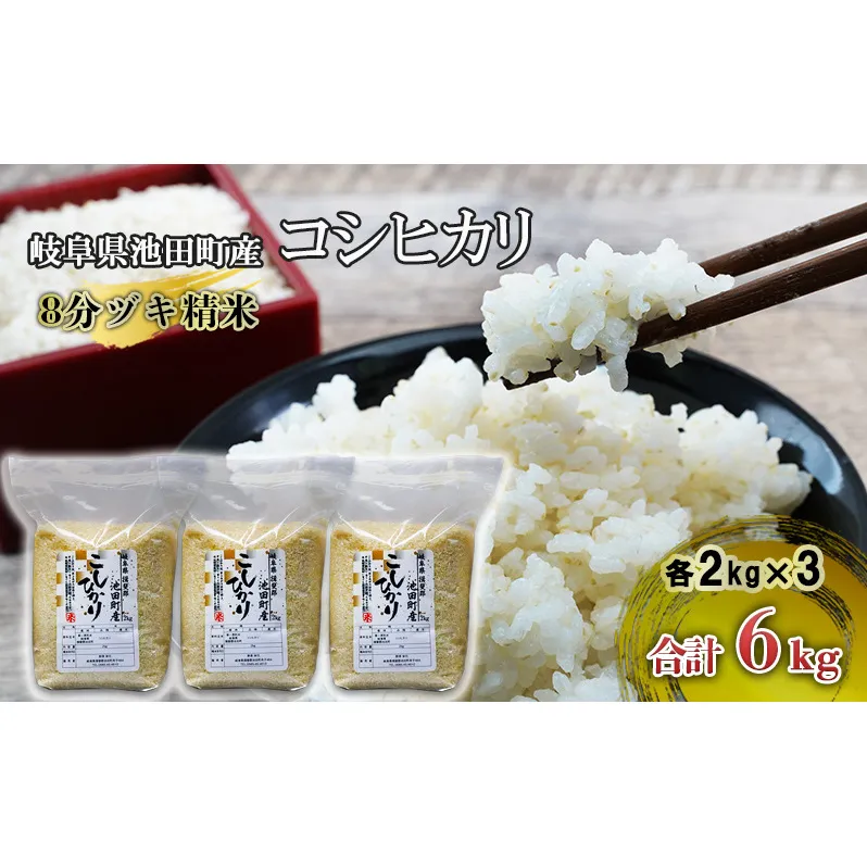 米 6kg (2kg×3袋) コシヒカリ 池田町産 8分づき セット 分つき精米 お米 おこめ こめ コメ ごはん ご飯 有機肥料 減農薬栽培 こしひかり 岐阜県 