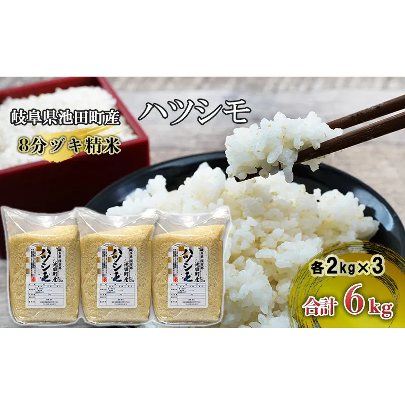 米 6kg (2kg×3袋) ハツシモ 池田町産 8分づき セット 分つき精米 お米 おこめ こめ コメ ごはん ご飯 有機肥料 減農薬栽培 はつしも 岐阜県 