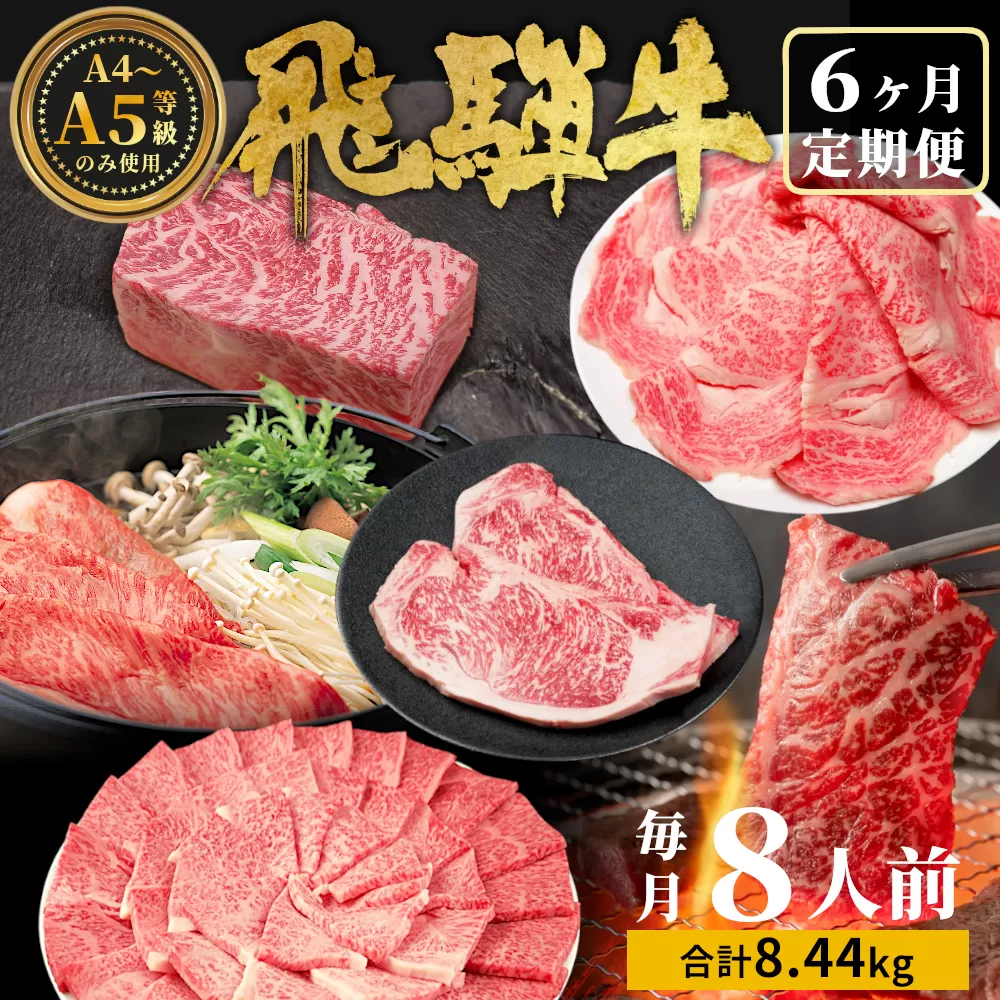 飛騨牛 定期便 全6回 約8.44kg 8人前 すき焼き しゃぶしゃぶ ステーキ 焼肉 BBQ ロース カタロース ロースステーキ モモ カタ 贅沢 贈り物 6ヶ月 定期 おすすめ 選べる 人気 飛騨 ブランド牛 肉のひぐち