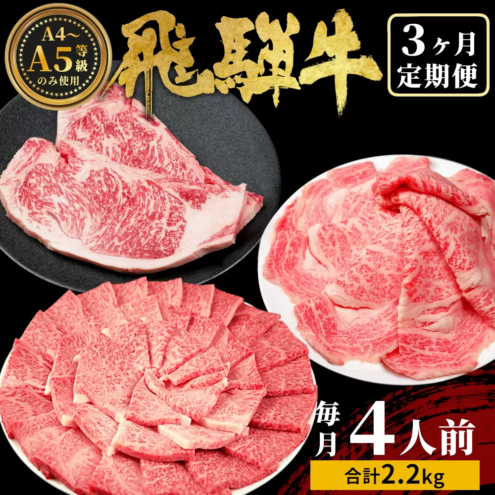 飛騨牛 定期便 全3回 計2.2kg 4人前 すき焼き しゃぶしゃぶ ステーキ 焼肉 BBQ ロース カタロース ロースステーキ モモ カタ 贅沢 贈り物 3ヶ月 定期 おすすめ 選べる 人気 飛騨 ブランド牛 肉のひぐち