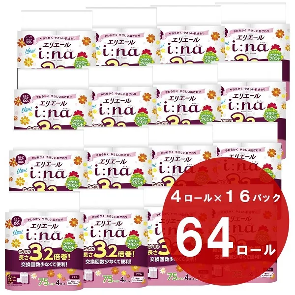 0029-10-03 エリエール i：na（イーナ）トイレットティシュー 3.2倍巻 フラワープリント ダブル 4ロール×16パック 64ロール　トイレットペーパー 3.2倍 パルプ100% 香り 75m