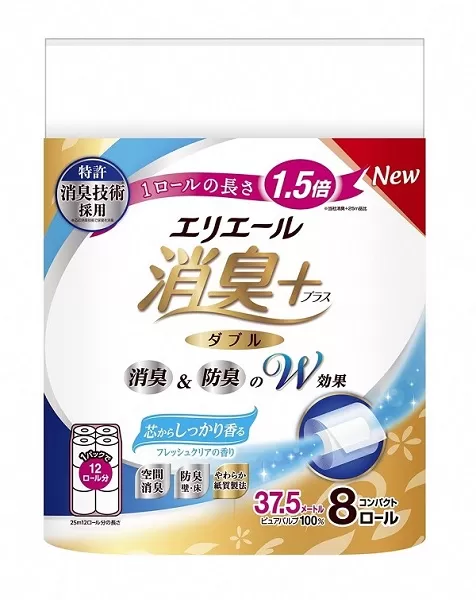 0025-10-04 【先行受付】 エリエール 消臭＋ トイレットティシュー しっかり香るフレッシュクリアの香り コンパクトダブル 8ロール×12パック 96ロール 【11月上旬以降順次発送】　1.5倍巻 37.5m トイレットペーパー ダブル パルプ100％ 消臭 防臭 日用品 消耗品 備蓄