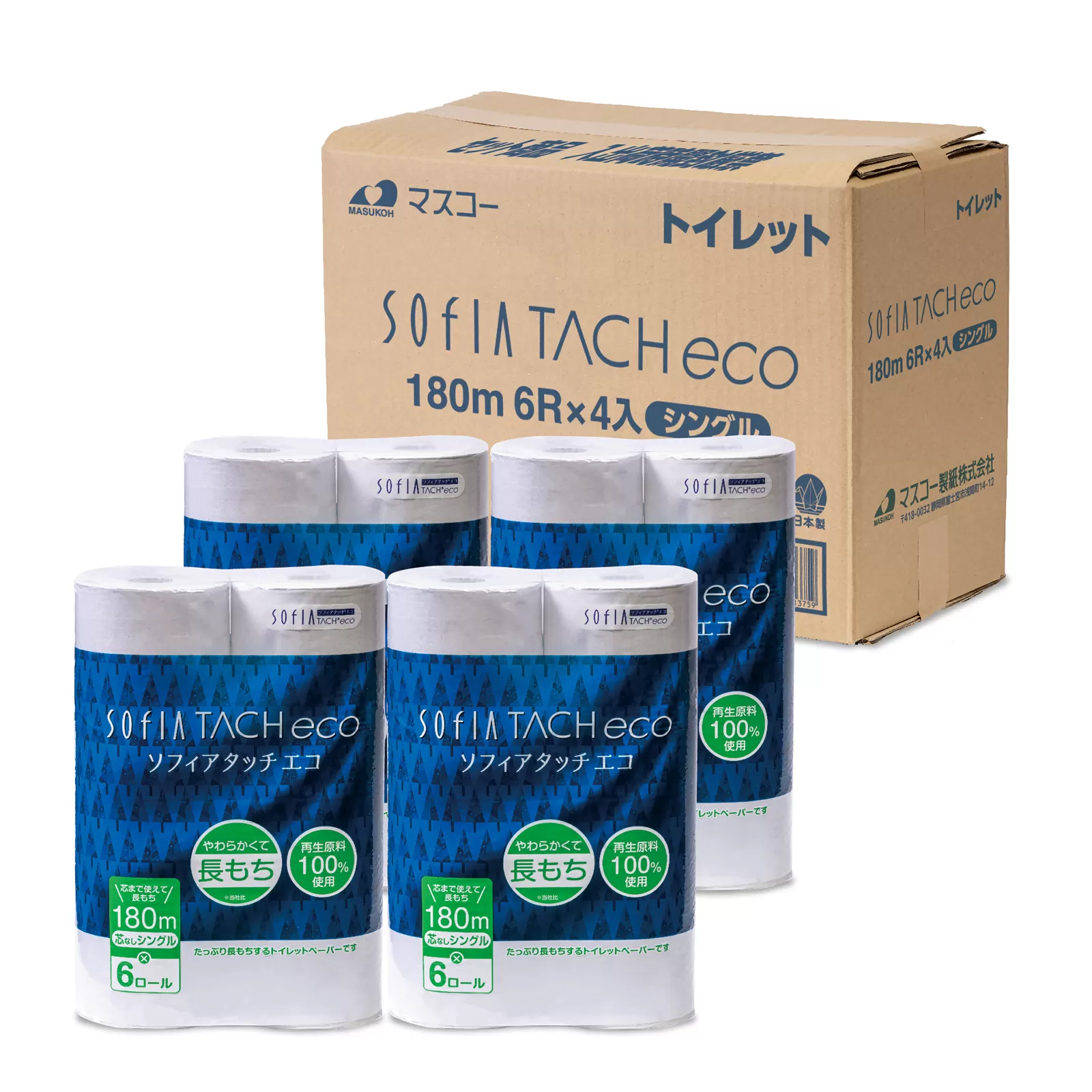 0009-107-01 マスコー製紙 ソフィアタッチ エコ 芯なし トイレットペーパー シングル 6ロール×4パック 24ロール 180m