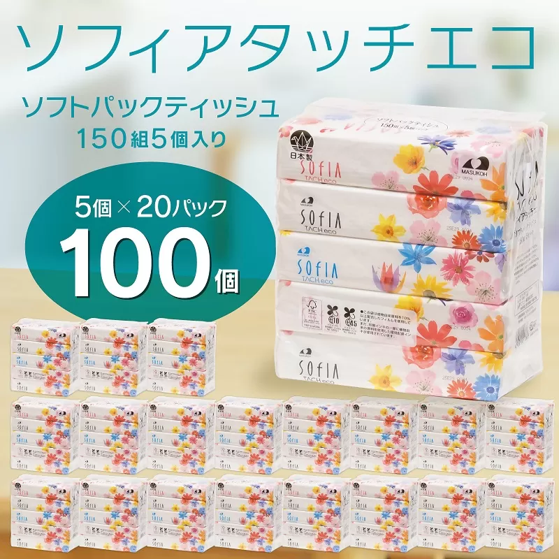 0016-107-01 マスコー製紙 ソフィアタッチエコ ティッシュペーパー 150組×5個×20パック (100個)