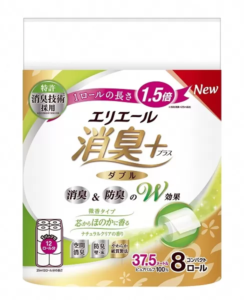 0025-10-05 【先行受付】 エリエール 消臭＋ トイレットティシュー ほのかに香るナチュラルクリアの香り コンパクトダブル 8ロール×12パック 96ロール 【11月上旬以降順次発送】　1.5倍巻 37.5m トイレットペーパー ダブル パルプ100％ 消臭 防臭 日用品 消耗品 備蓄