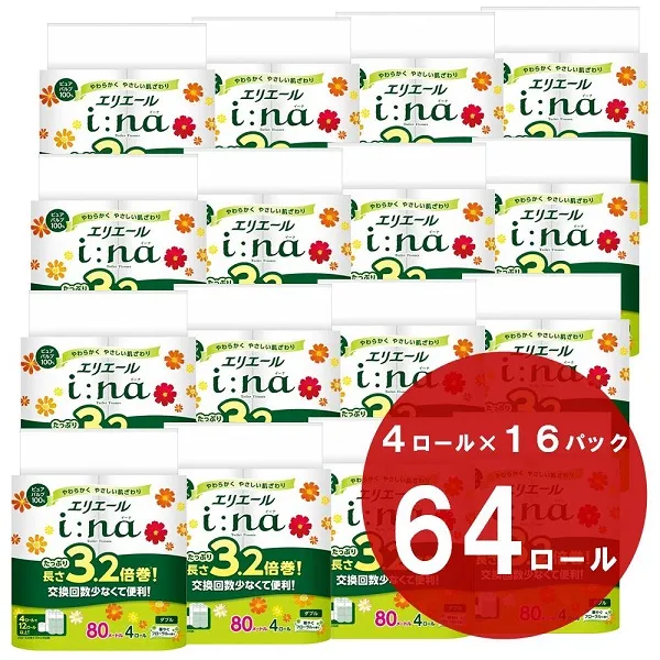 0029-10-04 エリエール i:na（イーナ）トイレットティシュー 3.2倍巻 ダブル 4ロール×16パック 64ロール