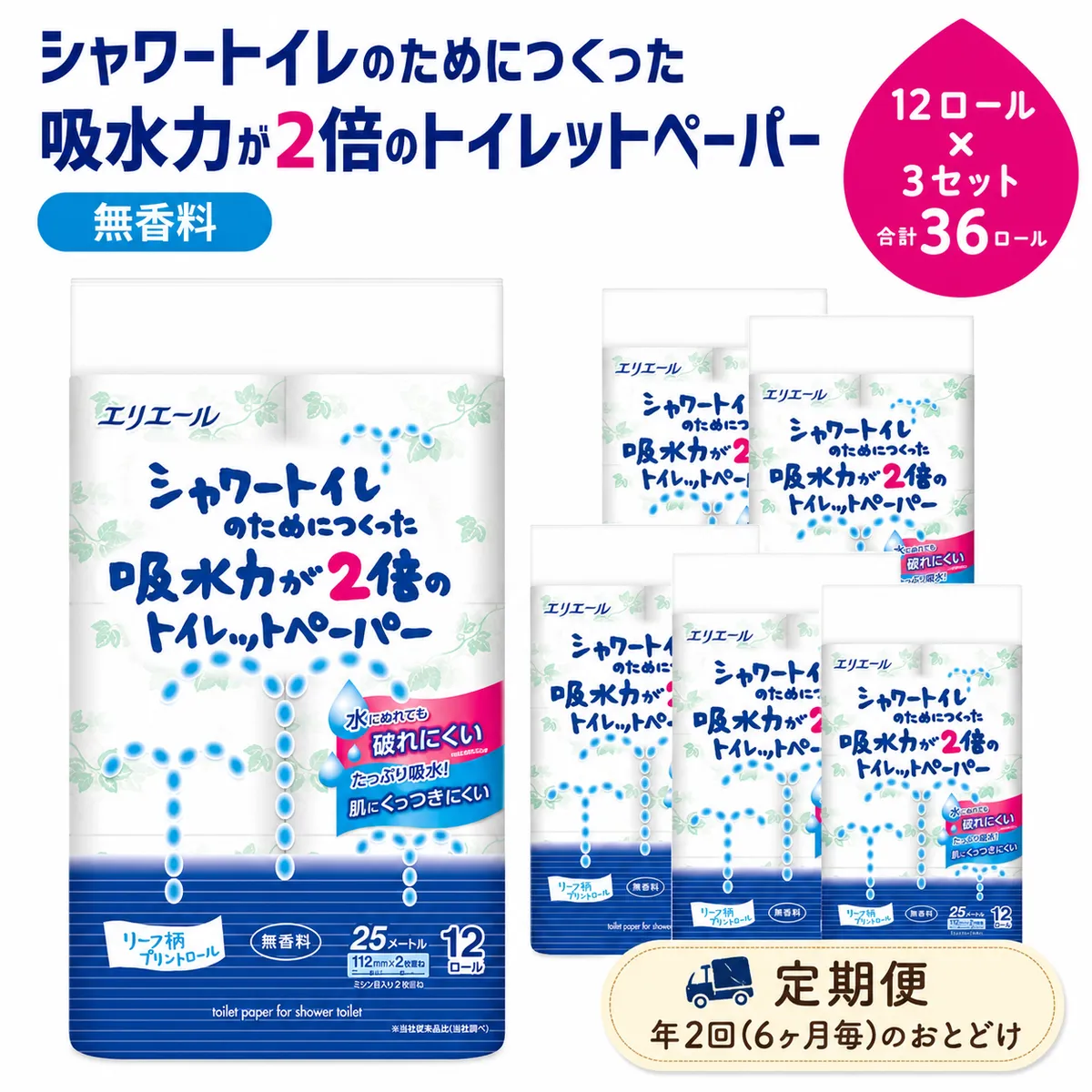 定期便 年2回 6ヶ月毎のお届け エリエール シャワートイレのためにつくった吸水力が2倍のトイレットペーパー  12ロール×3個（36ロール）×2回発送（計72ロール）