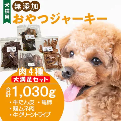 【大満足セット】犬猫用 無添加おやつジャーキー 肉4種詰め合わせ 牛たん皮・馬肺・鶏ムネ肉・牛グリーントライプ 総量1030g［143O26］