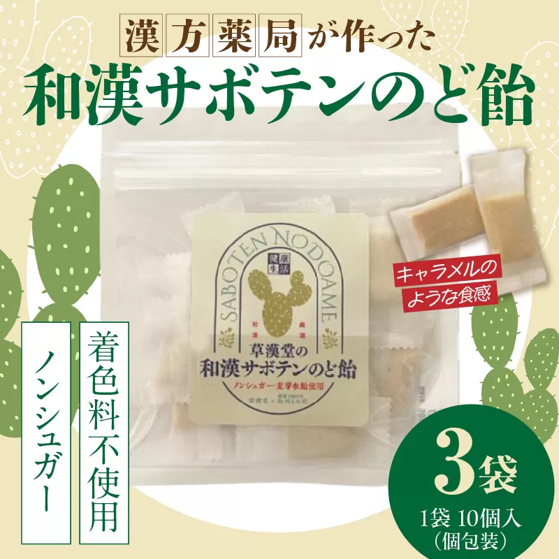 和漢サボテンのど飴　3袋［103S14］和漢 サボテン のど飴 草漢堂 オリジナル サボテンパウダー入り ノンシュガー 着色料不使用 個包装 島川あめ店 コラボ 飴 キャンディー おかし お取り寄せ 愛知県 小牧市 送料無料 