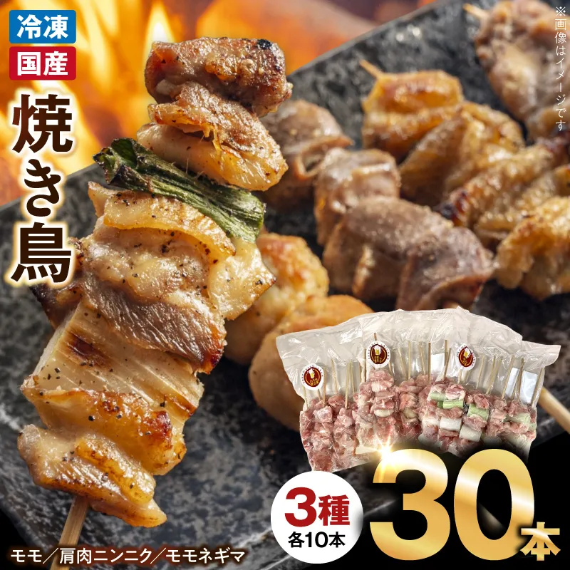 冷凍国産鶏 焼鳥串　30本（30g×10本×3袋入）※3種詰め合わせ 焼き鳥 おつまみ バーベキュー 小分け 国産 鶏肉 焼鳥 やきとり 串 惣菜 おかず 晩酌 冷凍 パーティー 便利 食材 具材 お家居酒屋 詰め合わせ［129T04］