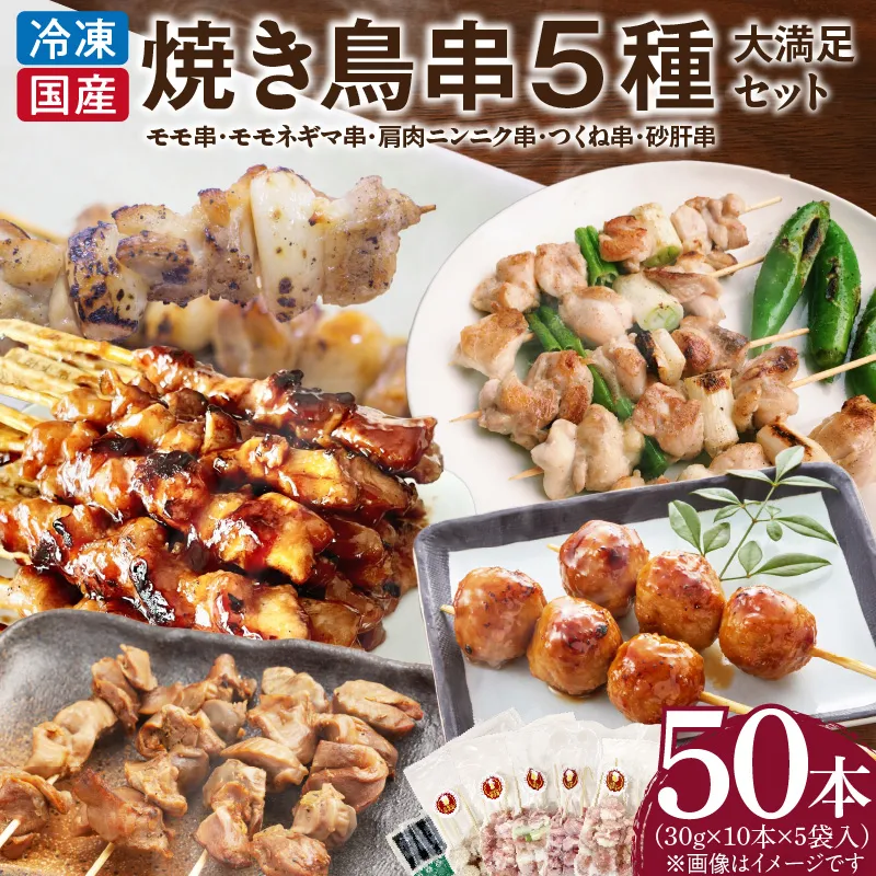 【大満足セット】冷凍国産鶏 焼き鳥串 人気の5種 合計50本セット 小分け パック［129T07］