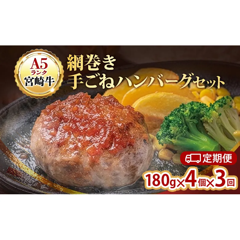 ハンバーグ 定期便 3ヶ月 A5ランク 宮崎牛 180g 4個 セット 国産 工場直売 惣菜 食品