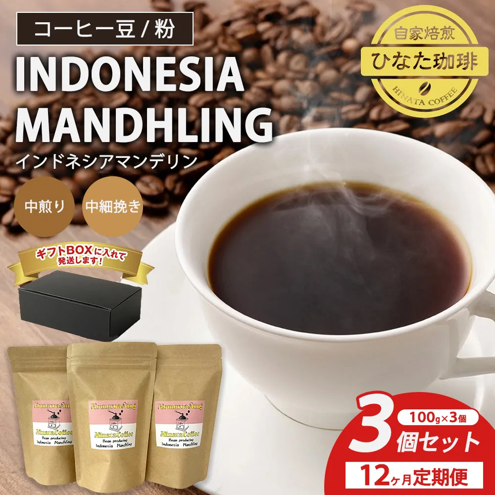 【12カ月定期便】コーヒー 豆 粉(インドネシア マンデリン 中煎り 中細挽き)100g × 3個セット | ミディアムロースト ギフトBOX付き コーヒー 珈琲 自家焙煎 ひなた珈琲 幸田町 送料無料