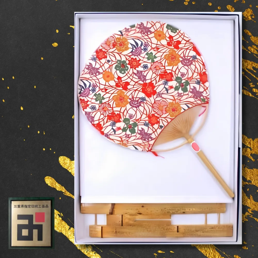 日永うちわ　香る（中） 両用うちわ立て付　Ａ：花と草　ベージュ