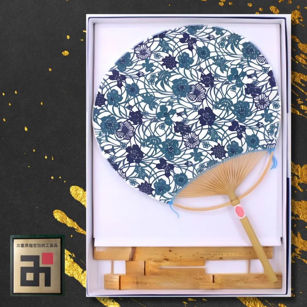 日永うちわ 香る(大) 両用うちわ立て付 B:花と草 青