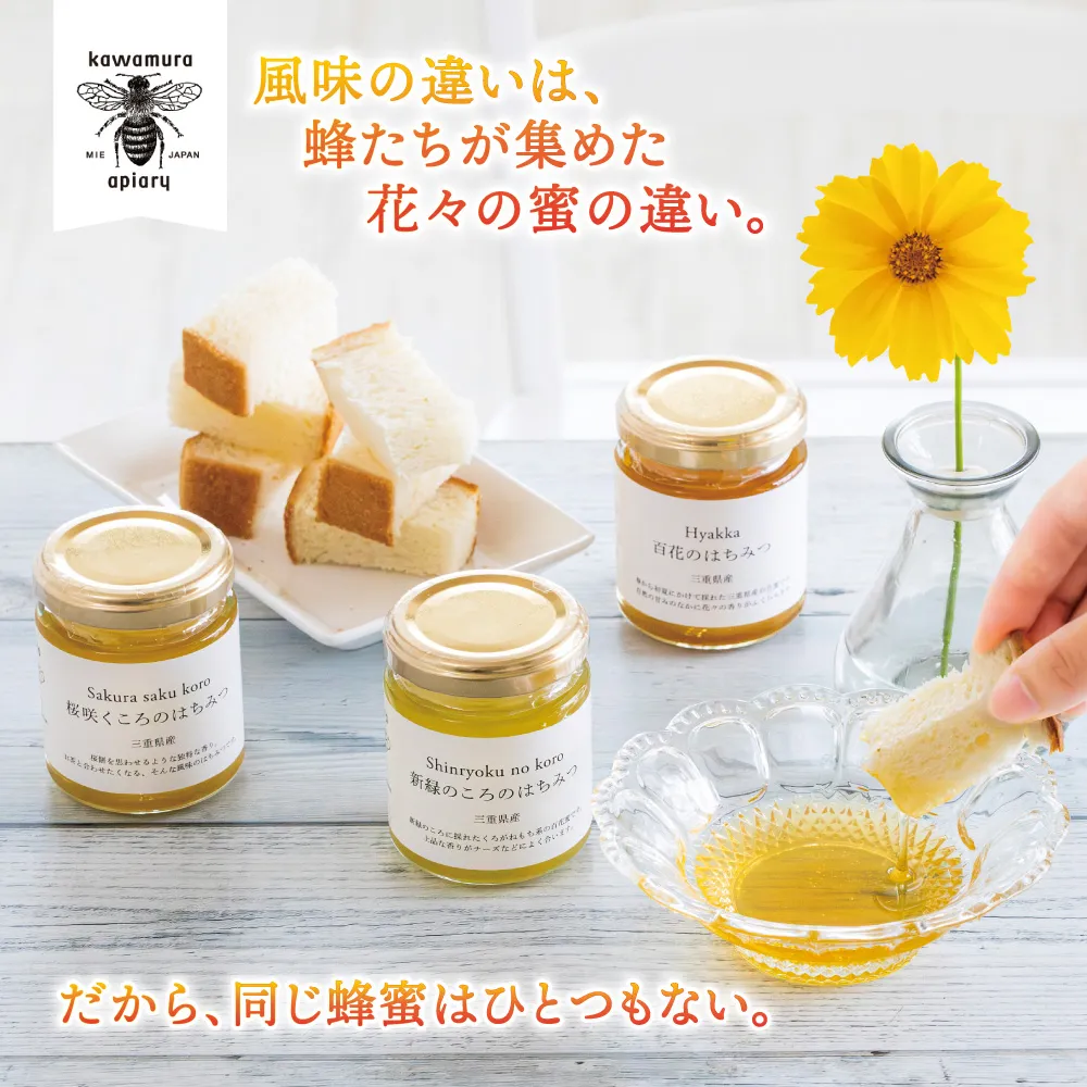 微かな風味の違いを楽しむ。川村養蜂場の利き蜂蜜セット（非加熱・無添加 天然100％おまかせ蜂蜜３種）│はちみつ 国産 食べ比べ お試し 朝食 はちみつ紅茶 はちみつレモン 贈り物 ギフト