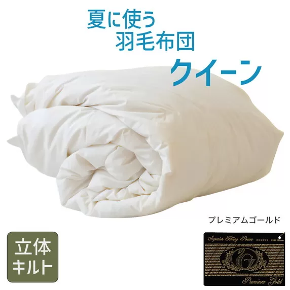 【23-2】夏に使う羽毛布団 プレミアムゴールドラベル 薄掛け クイーン 210×210cmポーランド産グース93% 日本羽毛製品共同組合品質推奨ラベル付き 肌掛け 羽毛 掛け布団 立体キルト 【251-000286-20】