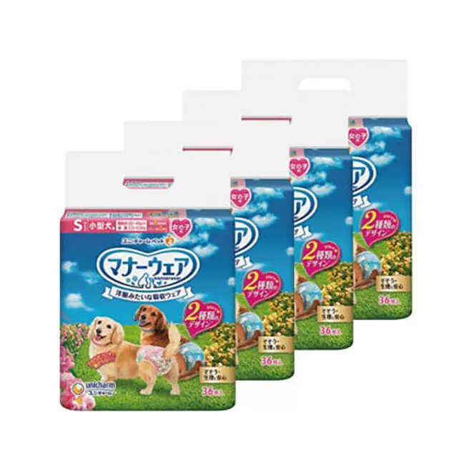 マナーウェア 女の子用 S ピンクリボン・青リボン 36枚×4袋 ペット用品 ペット用おむつ マナーオムツ 紙オムツ しつけ 介護 お漏らし対策 マーキング 紙おむつ ペットおむつ ペットオムツ 犬用オムツ ユニ・チャーム
