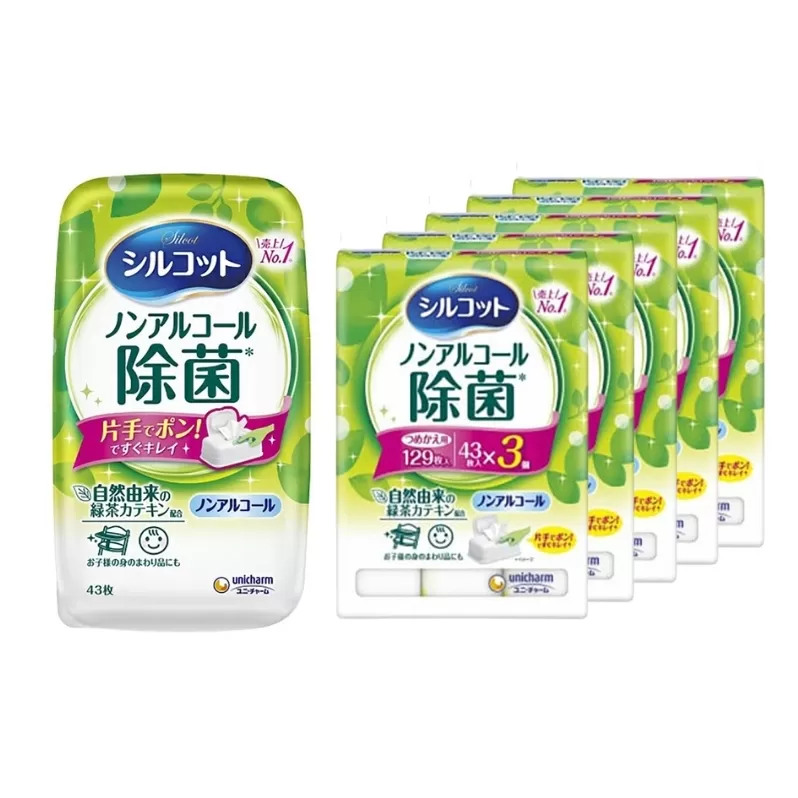 シルコット ウェットティッシュ ノンアルコール 除菌 セット (本体＋詰替5個) 日用品 おもちゃ 拭き取り 手拭き 外出時 お出かけ時 食事前 緑茶カテキン配合 ユニ・チャーム