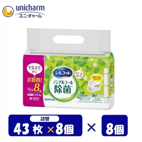シルコット ウェットティッシュ ノンアルコール 除菌 詰替 2ケース (8個パックx8個入) 日用品 おもちゃ 拭き取り 手拭き 外出時 お出かけ時 食事前 緑茶カテキン配合 ユニ・チャーム