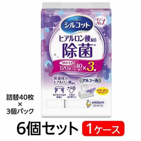 シルコット ウェットティッシュ アルコール ヒアルロン酸配合 詰替 1ケース (3個パックx6個入) 手拭き 外出時 食事前 手肌にやさしい 保湿成分配合 厚手 やわらか しっかり除菌 ユニ・チャーム