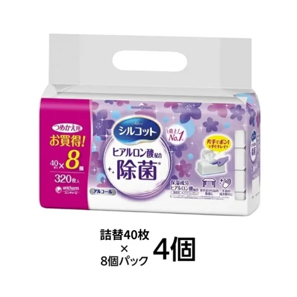 シルコット ウェットティッシュ アルコール ヒアルロン酸配合 詰替 1ケース (8個パックx4個入) 手拭き 外出時 食事前 手肌にやさしい 保湿成分配合 厚手 やわらか しっかり除菌 ユニ・チャーム