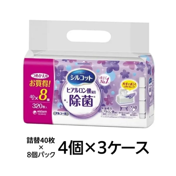 シルコット ウェットティッシュ アルコール ヒアルロン酸配合 詰替 3ケース (8個パックx12個入) 手拭き 外出時 食事前 手肌にやさしい 保湿成分配合 厚手 やわらか しっかり除菌 ユニ・チャーム
