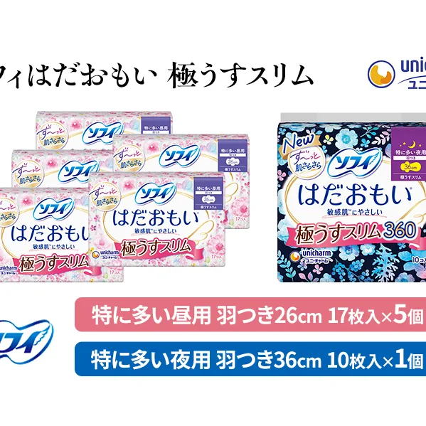 輝く女性応援 セット (お肌にやさしい薄型) 日用品 生理用品 敏感肌にやさしい ソフィ はだおもい 羽つき 極うすスリム 特に多い昼用 特に多い夜用 ナプキン ギャザー付き ユニ・チャーム