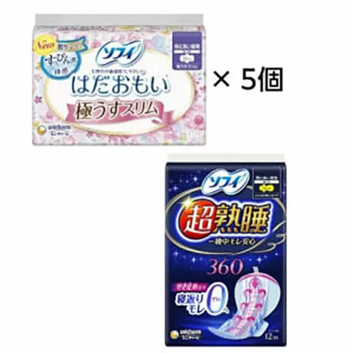 輝く女性応援 セット (昼夜薄型) 日用品 生理用品 敏感肌にやさしい ソフィ はだおもい 極うすスリム 特に多い昼用 超熟睡ガード360 羽つき ナプキン ギャザー付き 朝まで安心 ユニ・チャーム