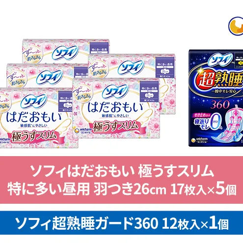 輝く女性応援 セット (昼夜薄型) 日用品 生理用品 敏感肌にやさしい ソフィ はだおもい 極うすスリム 特に多い昼用 超熟睡ガード360 羽つき ナプキン ギャザー付き 朝まで安心 ユニ・チャーム
