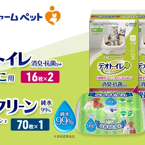 デオトイレ 複数ねこ用 消臭・抗菌 シート 16枚×2 デオクリーン 純粋99％ ウェットティッシュ 本体 70枚×1 ペットシーツ ペットシート トイレ 猫 猫用トイレ ペット 清潔 ユニ・チャーム