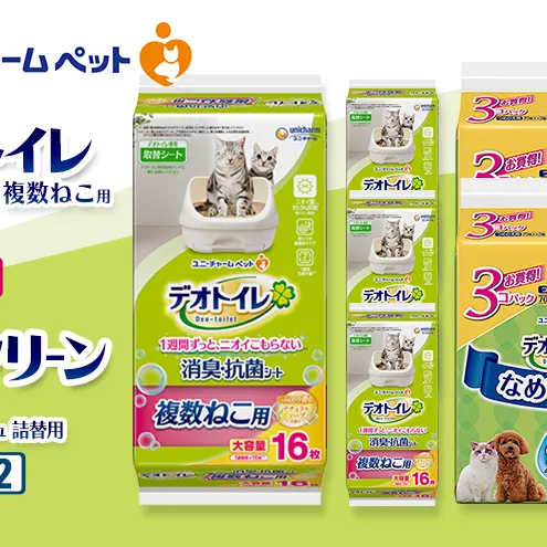 デオトイレ 複数ねこ用 消臭・抗菌 シート ソープ 16枚×4 デオクリーン 純水99％ ウェットティッシュ 詰替用 (70枚×3個P)×2 ペットシーツ ペットシート トイレ 猫 ユニ・チャーム