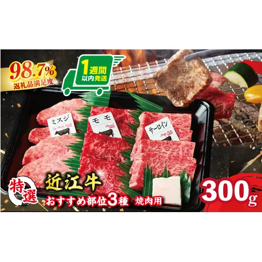 【1週間以内発送】A5等級未経産雌牛 特選近江牛おすすめ部位 焼肉3種盛り 300g【FO29W】(滋賀県 近江八幡市)