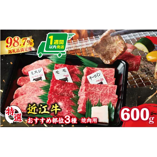 【1週間以内発送】A5等級未経産雌牛 特選近江牛おすすめ部位 焼肉3種盛り 600g【FO30W】(滋賀県 近江八幡市)