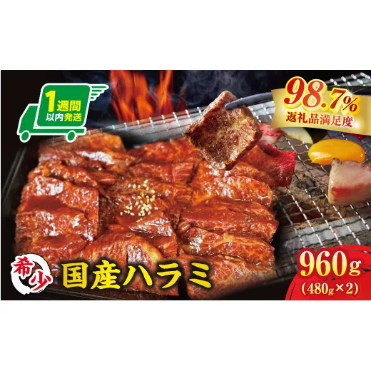 【1週間以内発送】希少 和牛入国産牛 ハラミ960g(480g×2) 秘伝の自家製タレ漬け【FO23W】(滋賀県 近江八幡市)