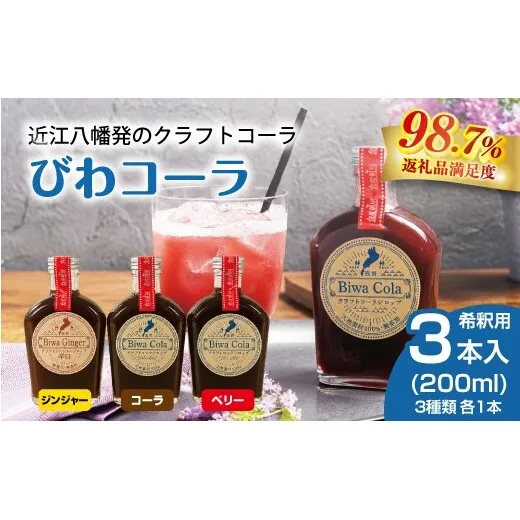 クラフトコーラシロップ「びわコーラ」3種飲み比べ 200ml×3本セット【DC07W】（滋賀県　近江八幡市）