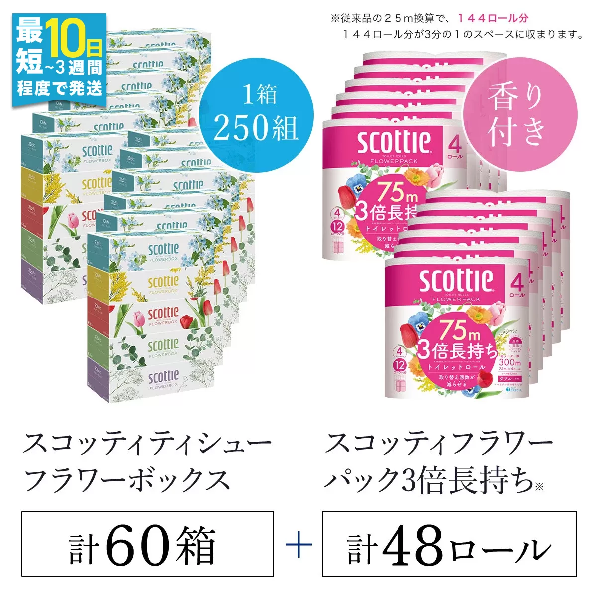 【ボックスティッシュ60箱＋トイレットロール48ロール セット】スコッティ ティシュー フラワーボックス 250組60箱 (1ケース5箱×12パック) と スコッティ フラワーパック3倍長持ち（ダブル）48ロール（4ロール×12パック）/ 日用品 ティッシュ トイレットペーパー セット 消耗品 備蓄 防災 大容量 大人気 おすすめ 肌触り 日本製 たっぷり 国産 クレシア まとめ買い ストック