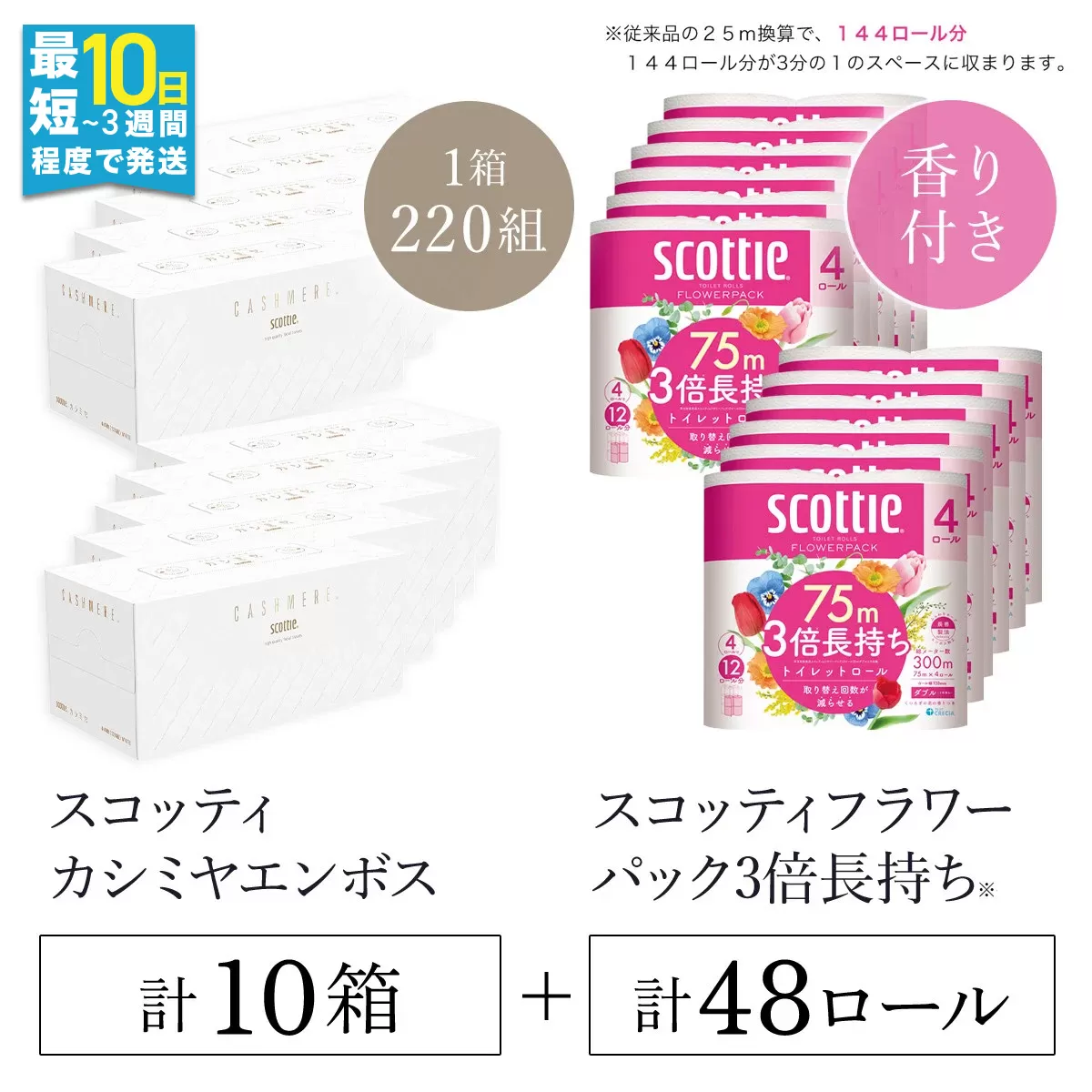 【ボックスティッシュ】スコッティカシミヤエンボス 10箱 + 【トイレットロール】スコッティフラワーパック3倍長持ち4ロール（ダブル）×12パック セット FCAS032 / 日用品 ティッシュ トイレットペーパー セット 消耗品 備蓄 防災 大容量 大人気 おすすめ 肌触り 日本製 たっぷり 国産 クレシア まとめ買い ストック