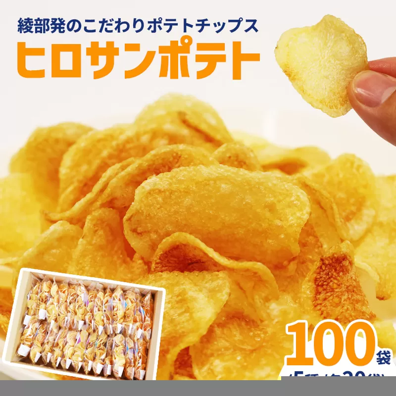 ヒロサンポテト ポテトチップス 5種アソート 100袋セット | 畑から工房まで一貫手づくり。ジャガイモ本来の味わいを楽しむ、綾部発のこだわりポテトチップス綾部産じゃがいも使用 ヒロサンポテト ポテトチップス 5種アソート(うすしお・だししお・コンソメ・バター醤油・わさび) 食べきり30g 国産 硬揚げ チップス ギフトセット