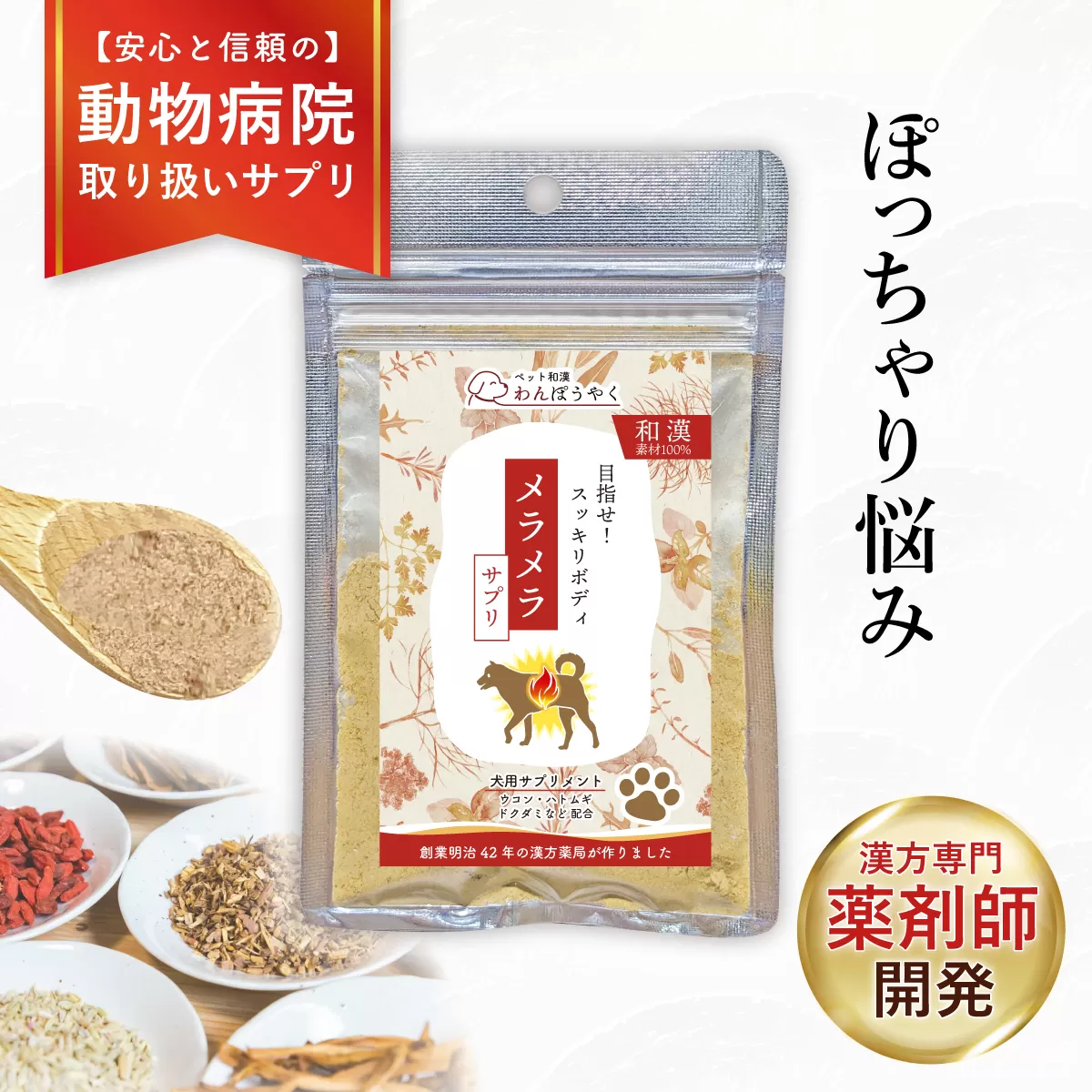 犬用和漢サプリ 「 わんぽうやく 」 和漢素材 メラメラ 20g | 無添加・食品添加物不使用｜関節・皮膚・免疫・腸内環境ケアなど全14種ラインナップ