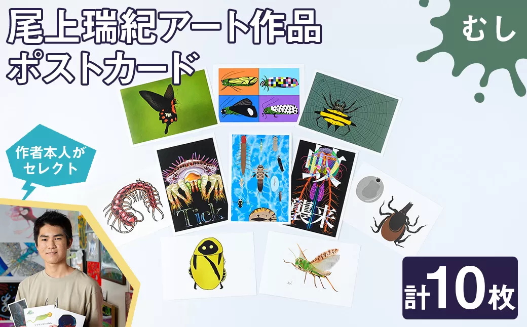 尾上瑞紀 アート作品 ポストカード(むし・計10枚) みー君 京都 宇治 昆虫 オリジナル 芸術 イラスト テレビ メディア SNS ギフト プレゼント イラスト 絵画 アーティスト クリエイター 応援 【uj-FC001-A】【尾上瑞紀】