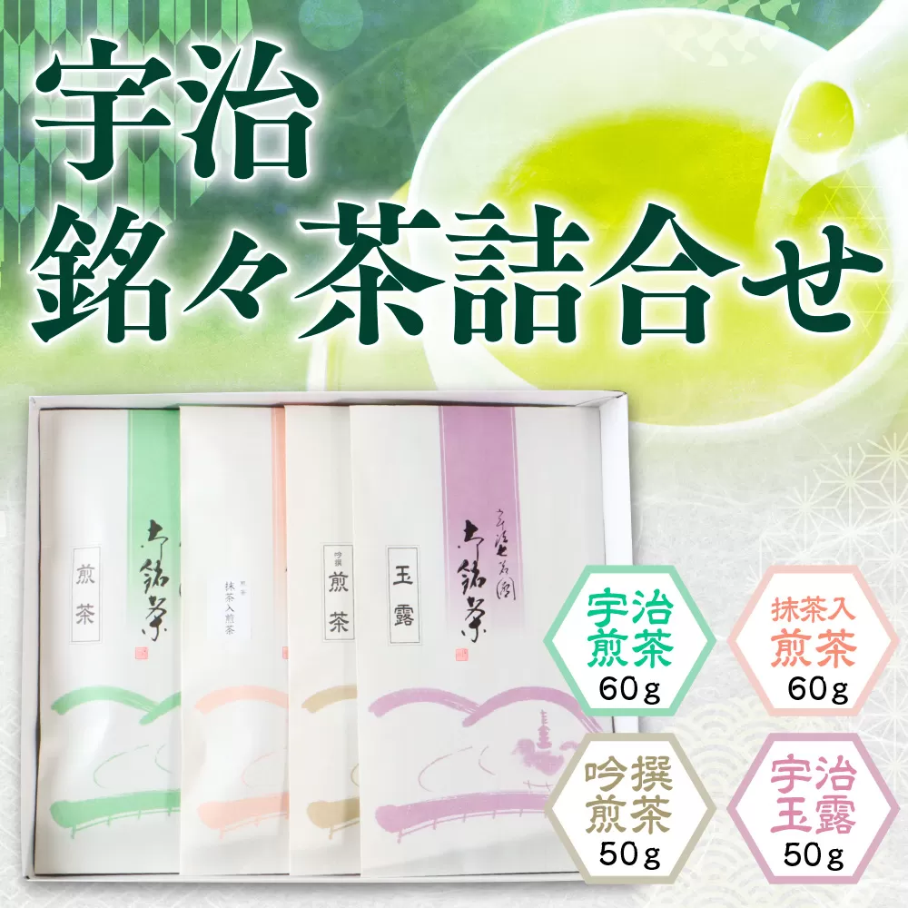 宇治銘々茶詰合せ(4種・各1袋) 特産品 銘茶 お茶 宇治茶 宇治抹茶 抹茶 緑茶 玉露 煎茶 抹茶入り煎茶 宇治玉露 吟撰 詰め合わせ お茶詰め合わせ  【uj-BK001】【堀井七茗園】