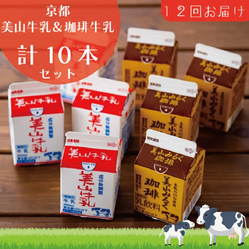 牛乳 定期便 12ヶ月 京都 美山牛乳 200ml ×5本 珈琲牛乳 ×5本 詰め合わせ セット 美山町 お取り寄せ コーヒー牛乳 パック 紙パック 200mL 定期 お楽しみ 12回 ※北海道・沖縄・離島への発送不可 
