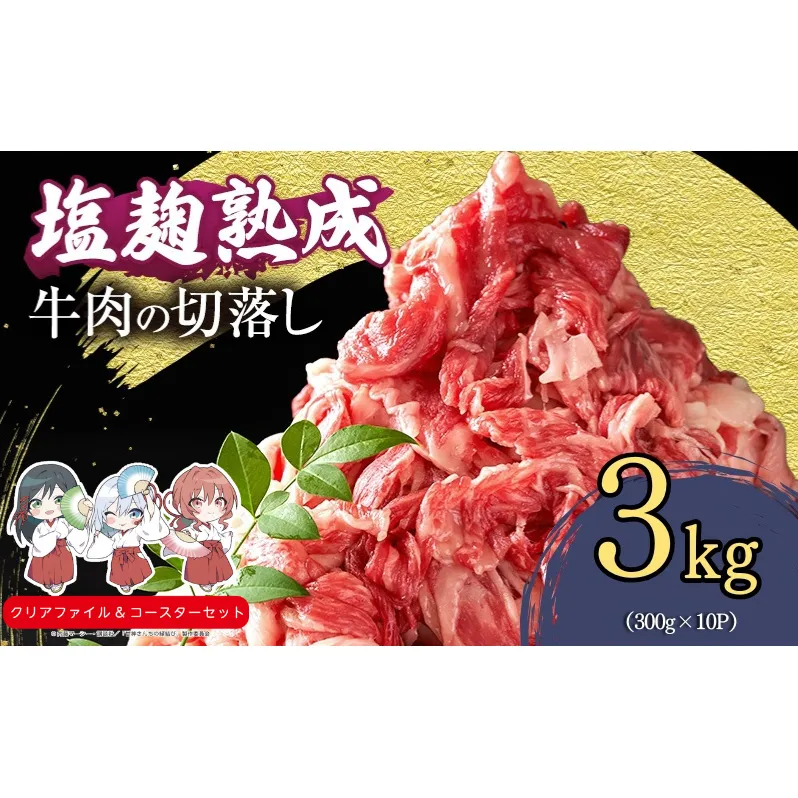 塩麹熟成穀物肥育牛の切落し 3.0キロ(300g×10パック)　南丹市×「甘神さんちの縁結び」コラボクリアファイルとコースターのセット付き！